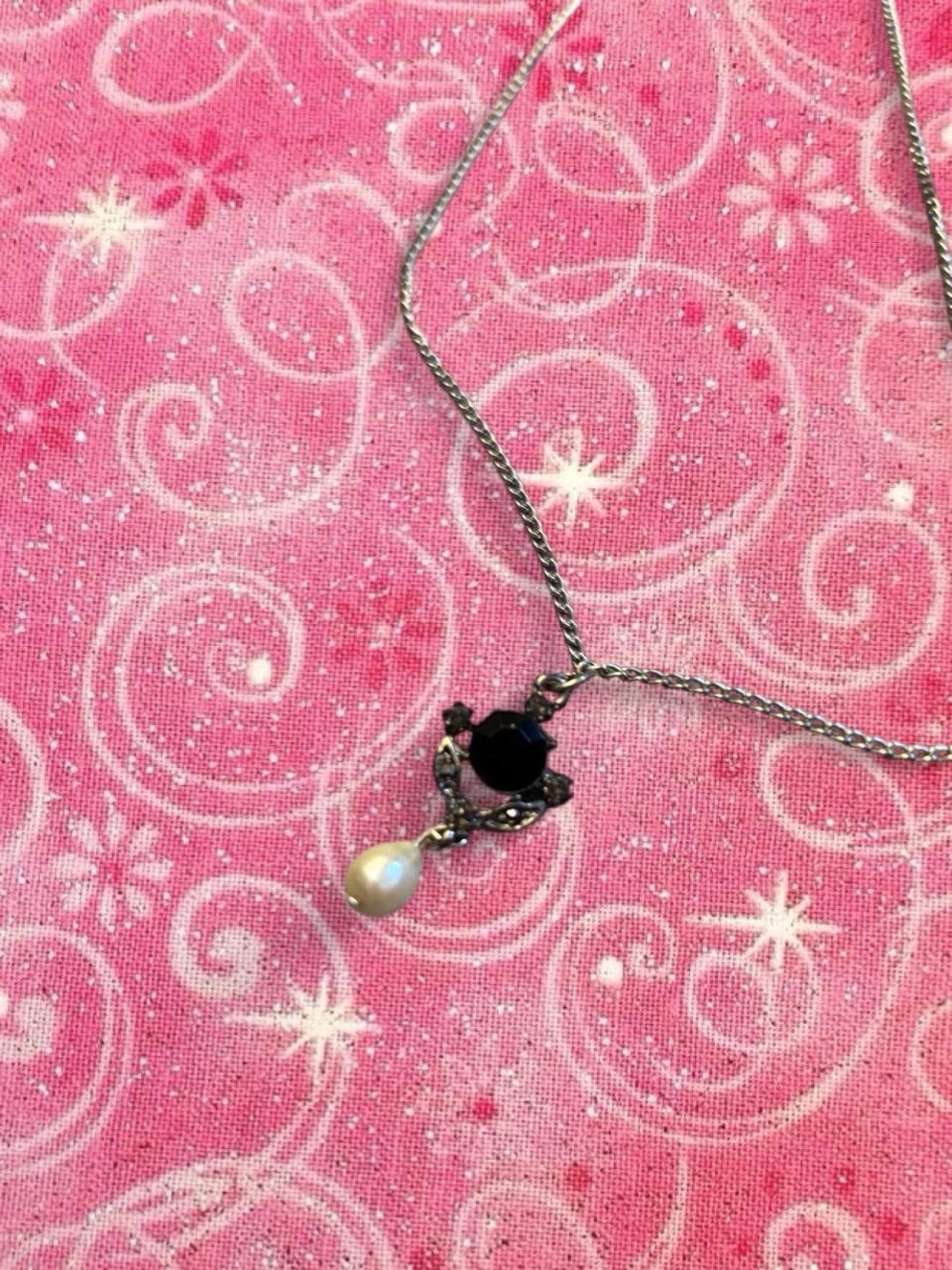Silver-Tone Black Crystal & Pearl Drop Necklace - Women's Jewelry